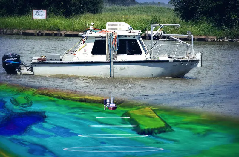 Boat conducting geophysical survey